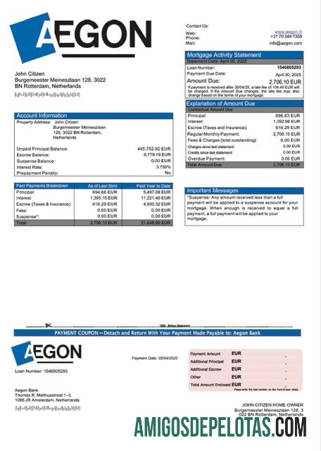 em branco Modelo Word e PDF de extrato de hipoteca do Banco Aegon da Holanda
